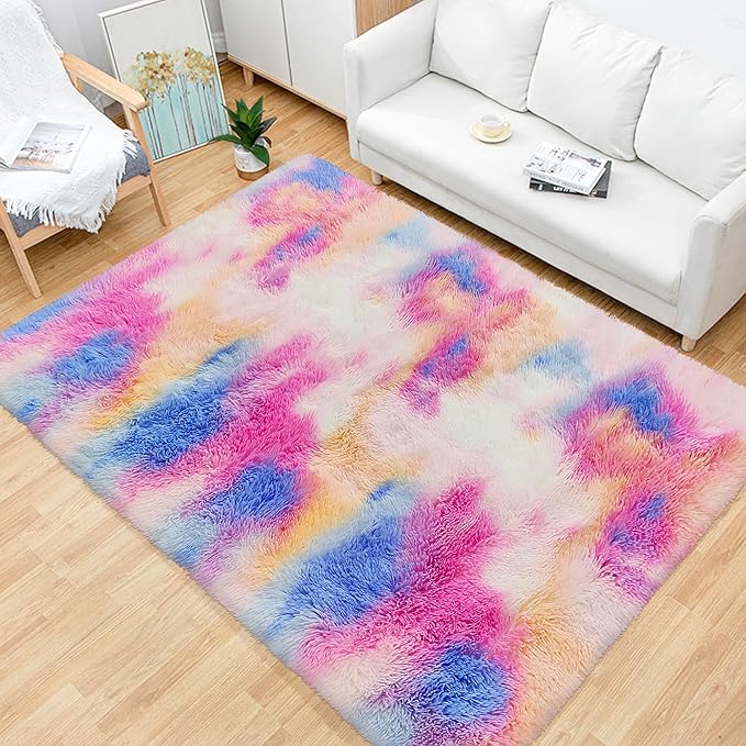 Fluffy Colorful Rug for Bedroom Girls 4x6 Kawaii Rainbow Tie Dye Area Rug Fuzzy - Image 5