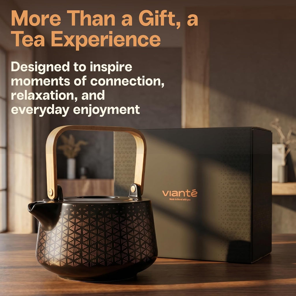 Ceramic Teapot, 1L (33.8 oz), Matte Black Tea Pot with Foldable Bamboo Handle and Copper Geometric Design, Serves 4 to 5, Gift Boxed Teapot for Steeping and Serving Tea