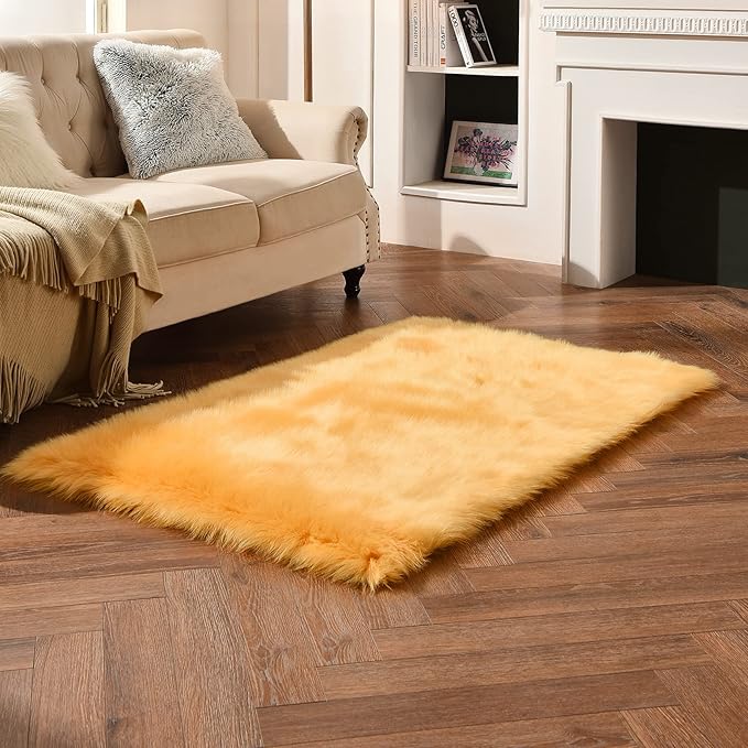 duduta Yellow Faux Sheepskin Fur Rug 3x5 ft, Fluffy Shag Bedroom Dorm Nursery - Image 6