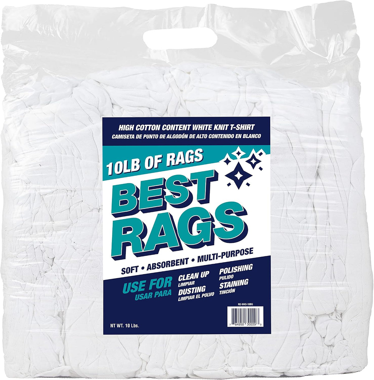 Arkwright Premium T-Shirt Rags Bulk, 10 lb Bag, Cotton Cleaning Towels, Low Lint Knit Wiping Cloths for Paint, Stain, Grease, Shop and Auto Use, Quick Dry Machine Washable, White