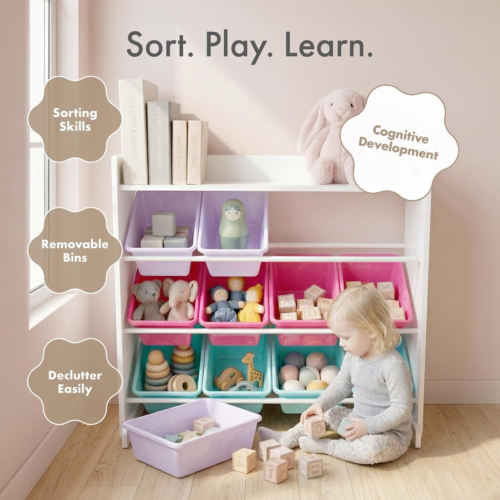 Humble Crew Kids Toy Organizer with Display Shelf, 9 Bins, 3 Tier Storage