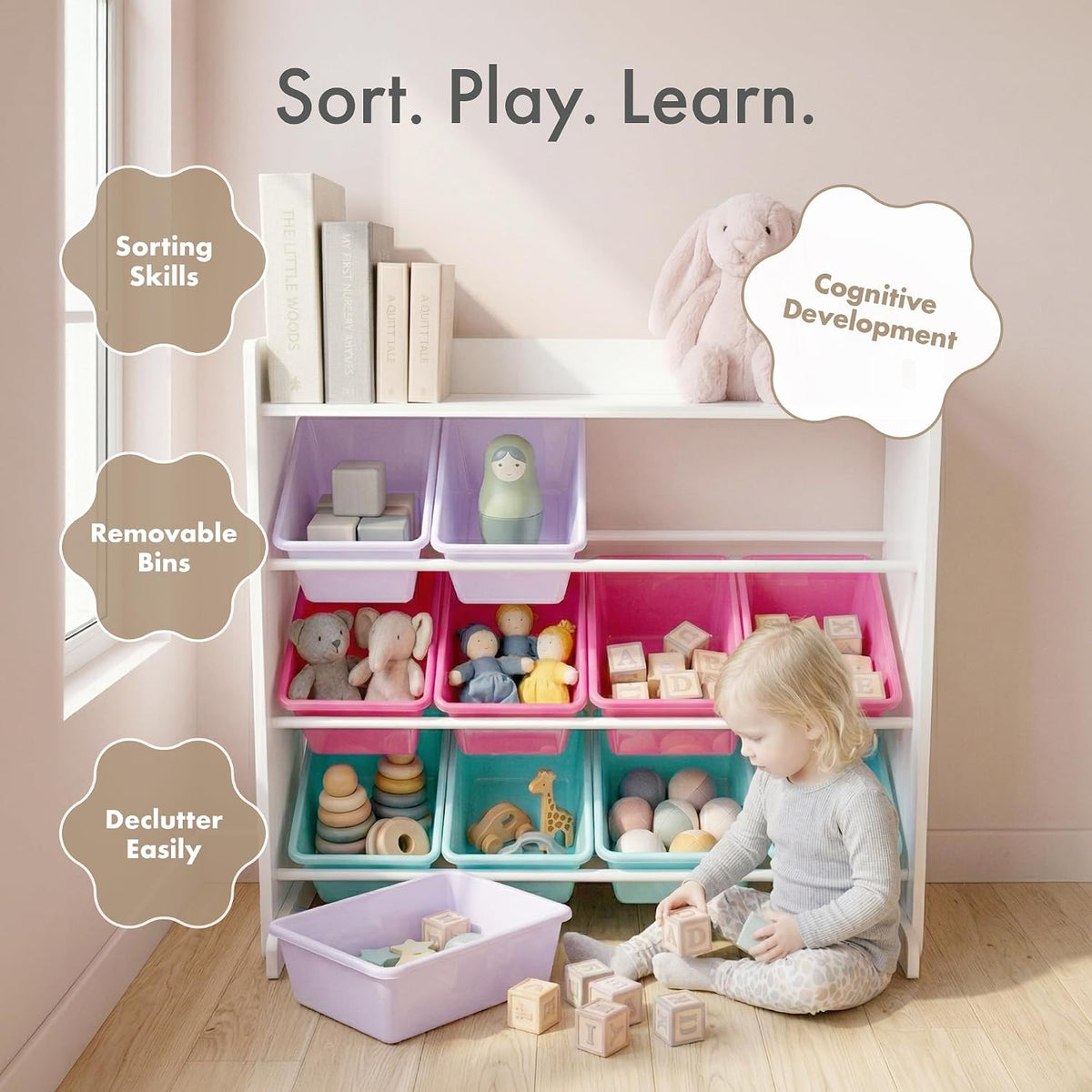 Humble Crew Kids Toy Organizer with Display Shelf, 9 Bins, 3 Tier Storage