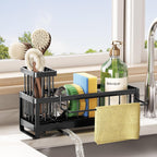SWTYMIKI Sponge Holder for Kitchen Sink - Sink Caddy with Brush Holder Self-draining Sponge Caddy Organizer with Divider Stainless Steel Kitchen Accessories Storage for Countertop, Black