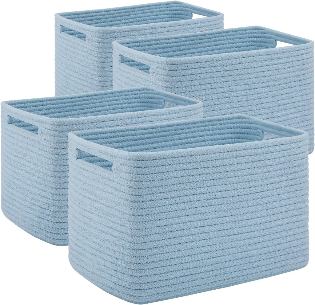 4 Pack Storage Baskets for Organizing Toys, Towels, and Clothes, Woven Basket for Shelves, Sturdy Nursery Cube Bins for Storage, 13''L x9''W x7.8''H, Blue