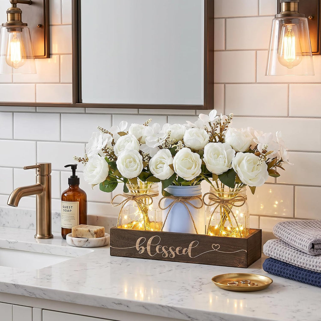 3 Pcs Mason Jar Table Centerpieces for Dining Room with Wood Tray&Led Light
