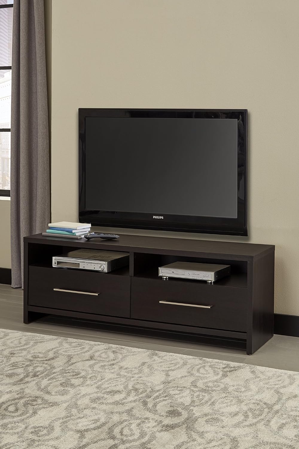 ClosetMaid Media Stand Entertainment Center with Cabinet Drawers, Open Shelves, 55 in. Wide, for Living Room, Den, Game Room, Black Walnut Finish