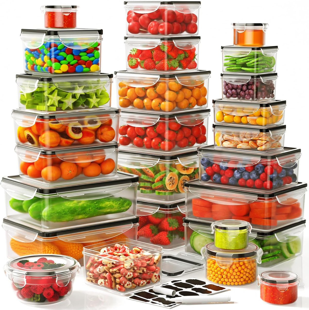JSCARES 40 PCS Food Storage Containers with Lids Airtight (20 Lids &20 Containers) - Leakproof Meal-Prep Containers for Kitchen Storage Reusable Plastic Microwave/Dishwasher Safe with Labels & Pen