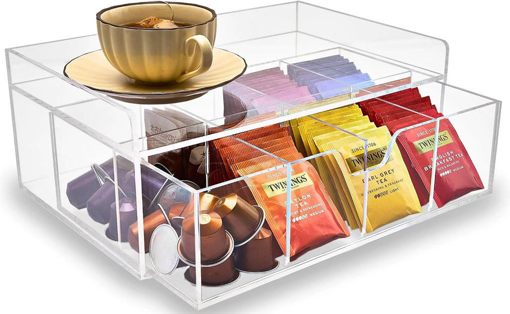 Heavy-Duty Acrylic Tea Station with 8-Compartment Drawer Organizer