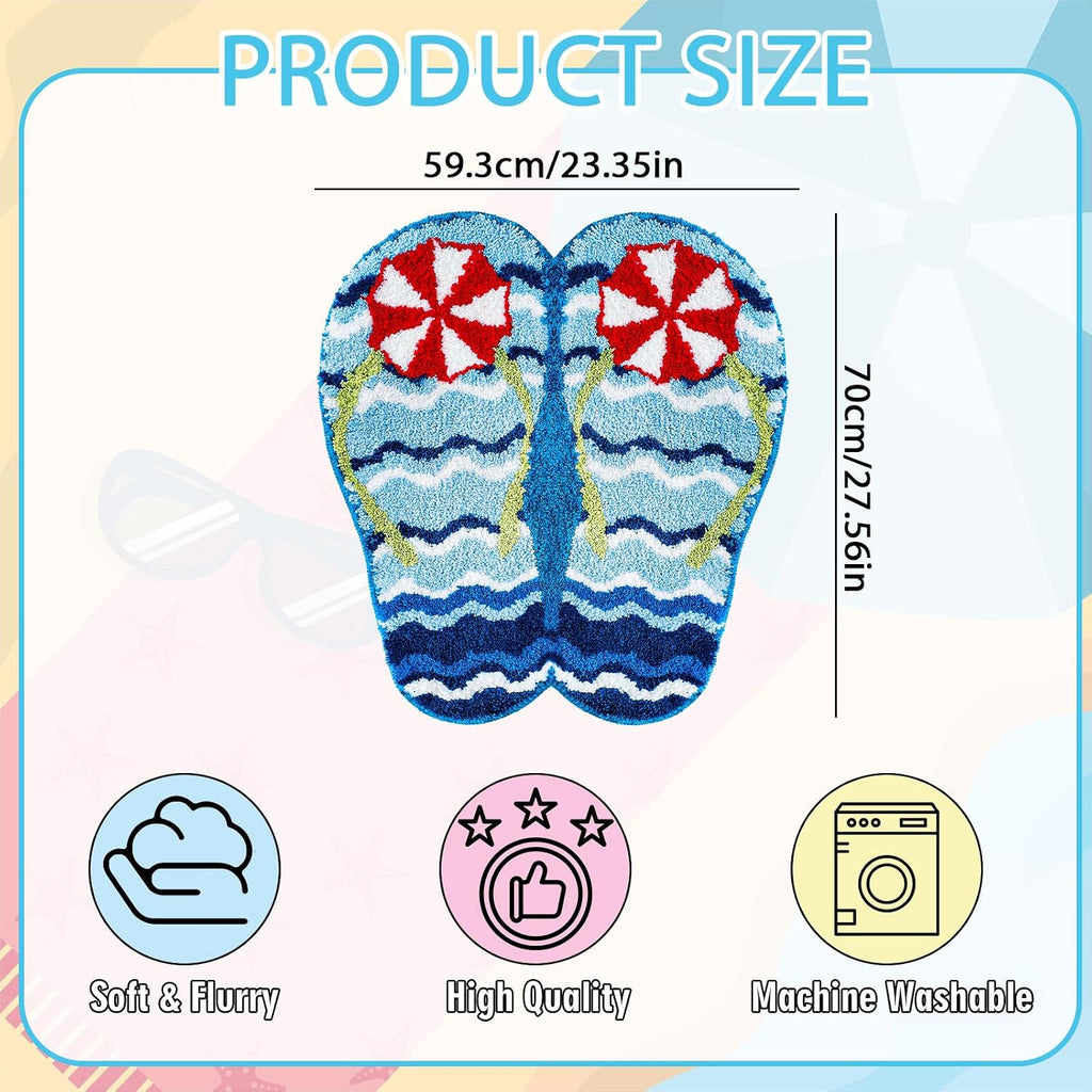 FYSUIMU Summer Bath Rug Flip Flop Shape Tufted Bath Mat Beach Ocean Wave Non Slip Floor Mat for Home Kitchen Bathroom Bedroom Porch Entryway