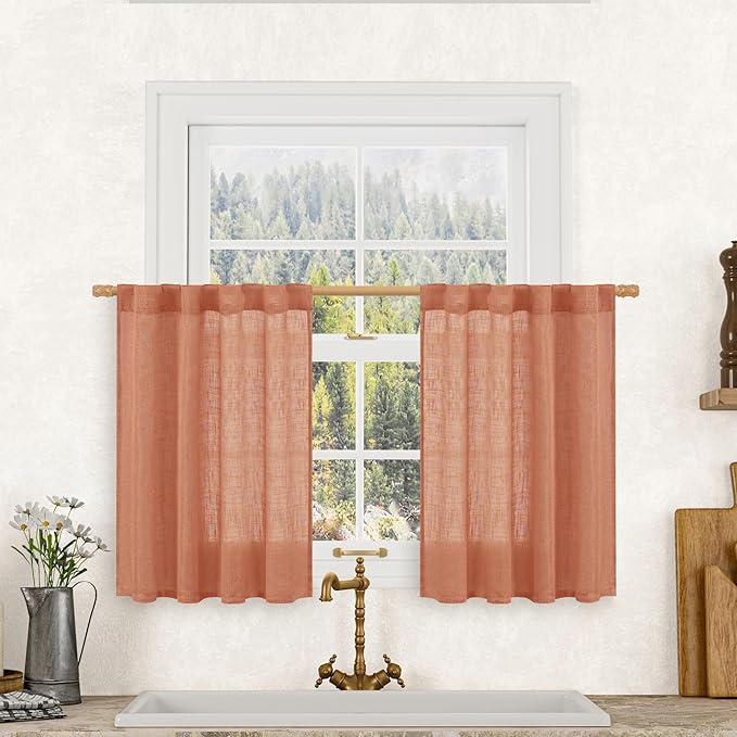 LAMIT Short Linen Window Curtains 30 Inches Long 2 Panels, Terracotta Semi by LAMIT