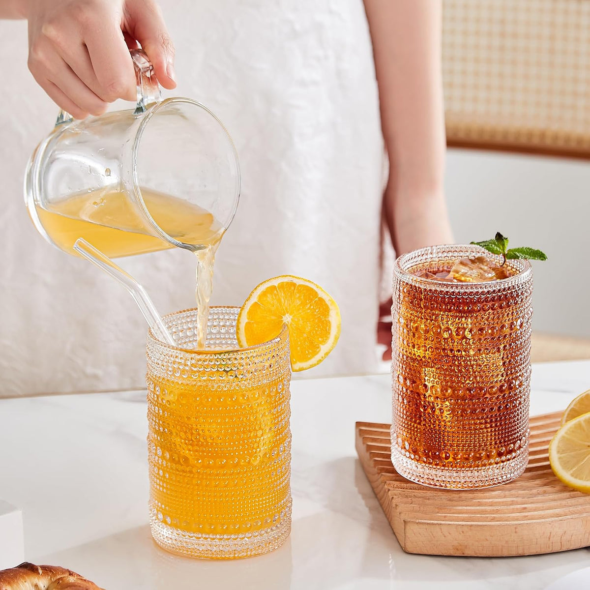 15 oz Clear Hobnail Drinking Glasses with Straws Set of 6, Vintage Glassware Old Fashioned Beverage Glasses, Cocktail Drinking Glassware Set, Kitchen Water Glasses Cup, for Beer, Smoothie, Juice