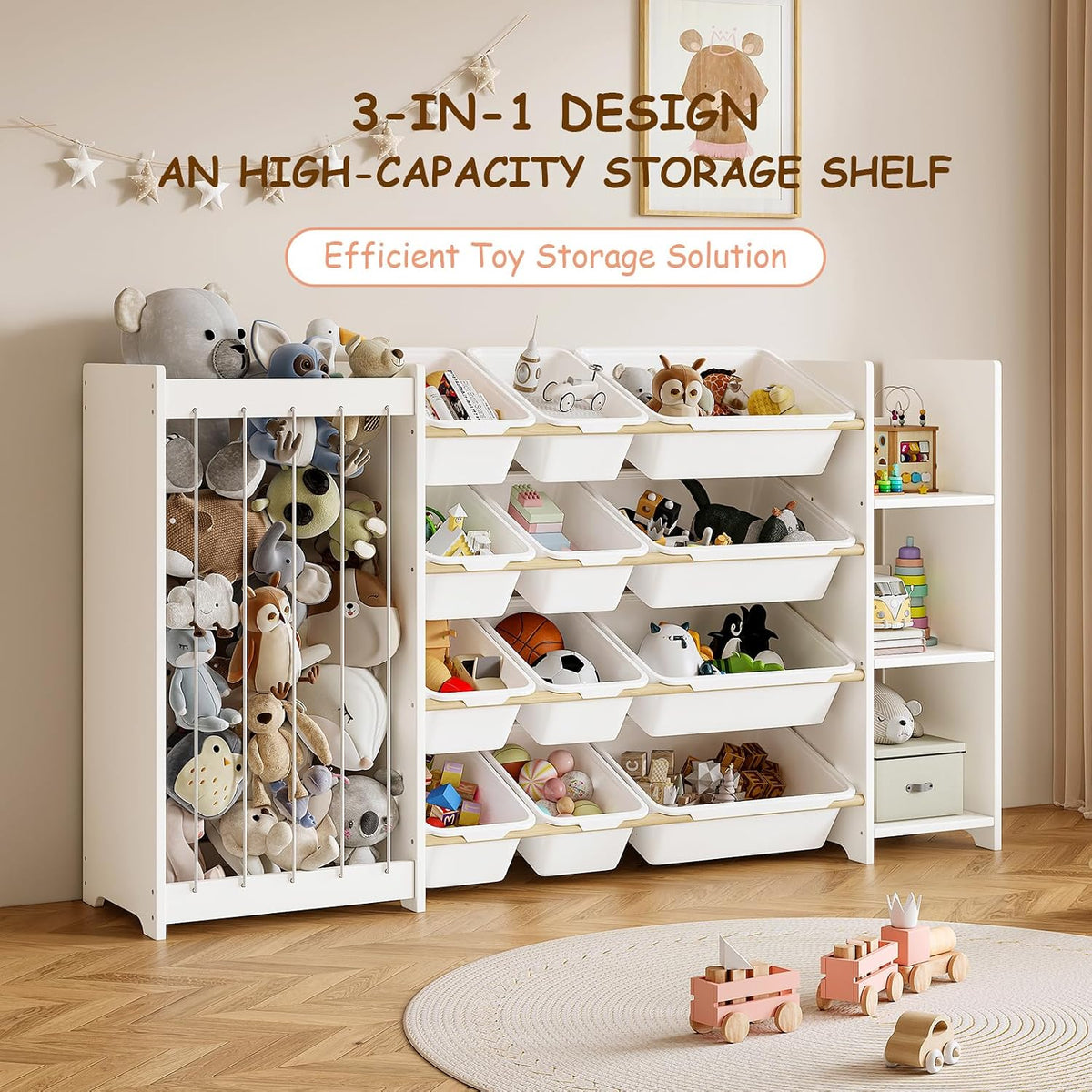 3-in-1 Kids Toy Storage Organizer, White Solid Wood, White Bins