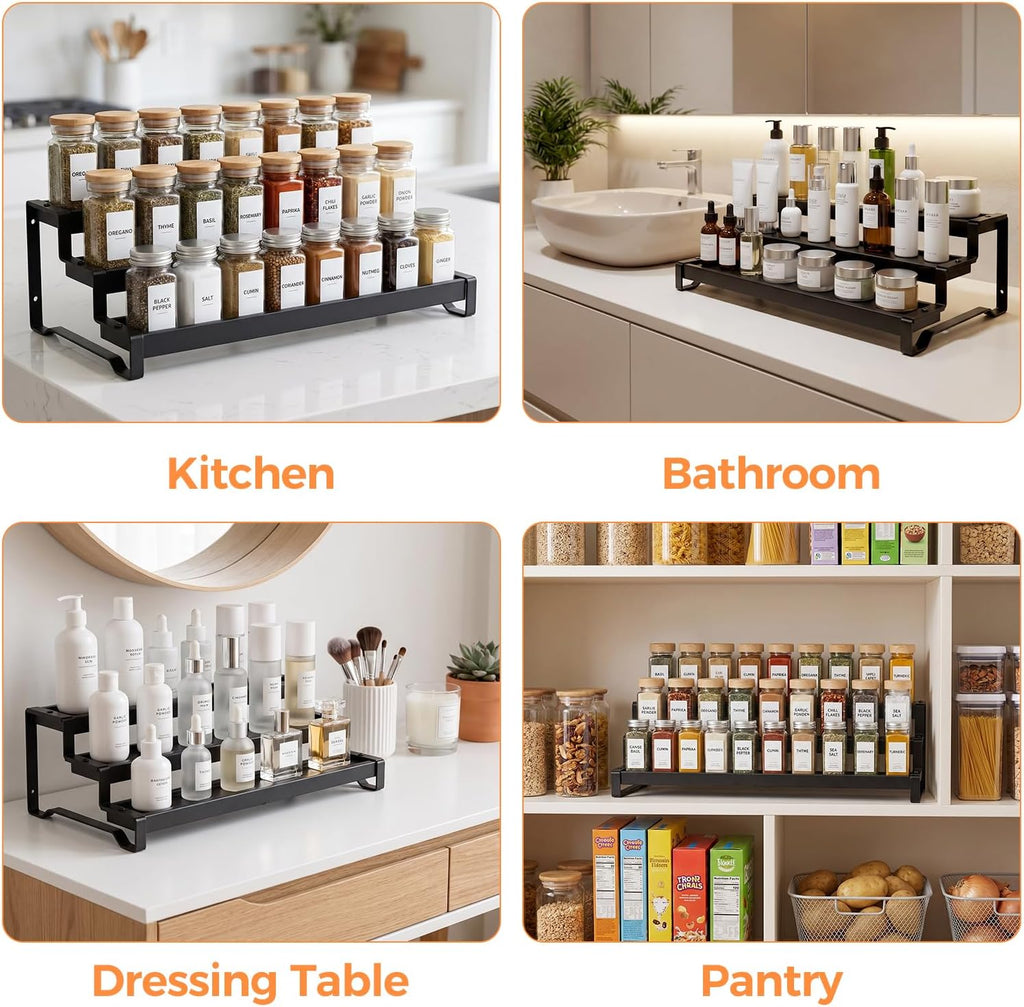 Spice Rack Organizer for Cabinet, 3-Tier Expandable 14.37"–26.02" Seasoning Organizer Shelf – Sturdy Metal Spicy Shelf for Jar & Bottle Storage in Kitchen Cabinet & Pantry, Black
