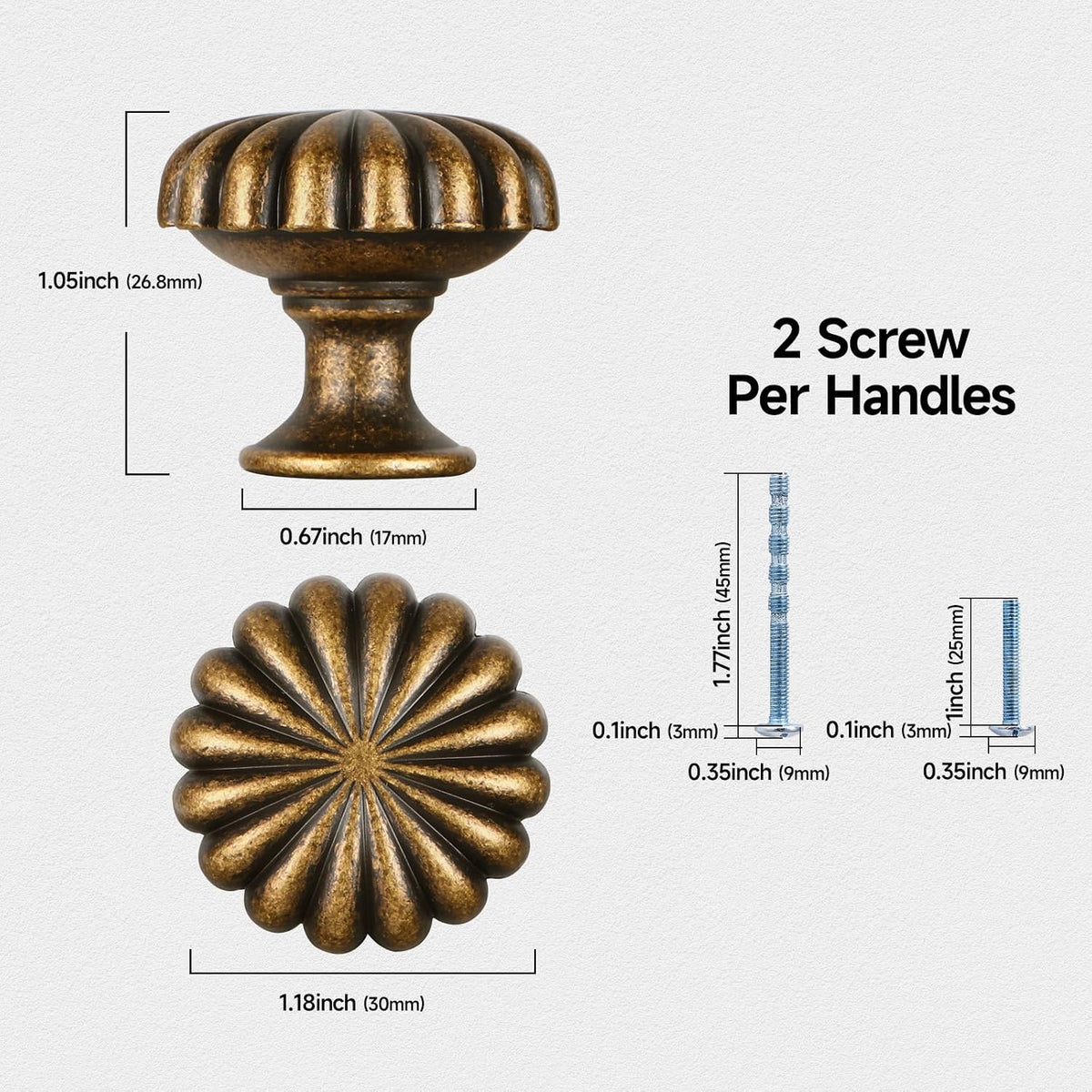 Antique Brass Cabinet Knobs，10 Pack Solid Drawer Pulls for Dressers