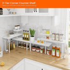 Homode Kitchen Countertop Organizer Corner Shelf, Bathroom Counter Organizers and Storage, 3 Tier Wood Shelf Organizer Space Saver for Make Up, Dresser Table, Desktop, White