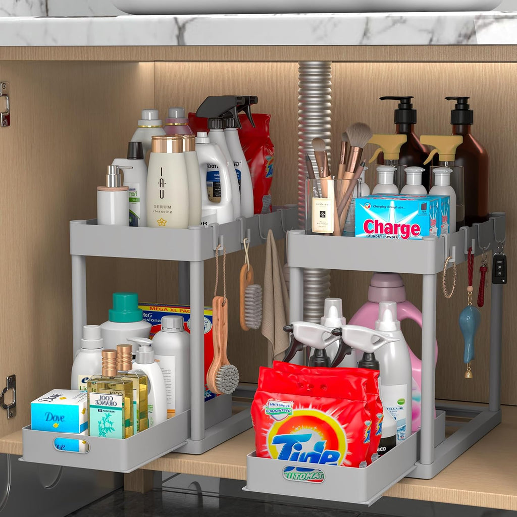 2PC Under Sink Organizer Rack 2 Tier Under Sliding Cabinet Basket Organizer Drawer with 4 Hooks, Multi-purpose Under Sink Storage for Bathroom Kitchen Desktop（Grey）