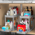 2PC Under Sink Organizer Rack 2 Tier Under Sliding Cabinet Basket Organizer Drawer with 4 Hooks, Multi-purpose Under Sink Storage for Bathroom Kitchen Desktop（Grey）