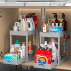 2PC Under Sink Organizer Rack 2 Tier Under Sliding Cabinet Basket Organizer Drawer with 4 Hooks, Multi-purpose Under Sink Storage for Bathroom Kitchen Desktop（Grey）