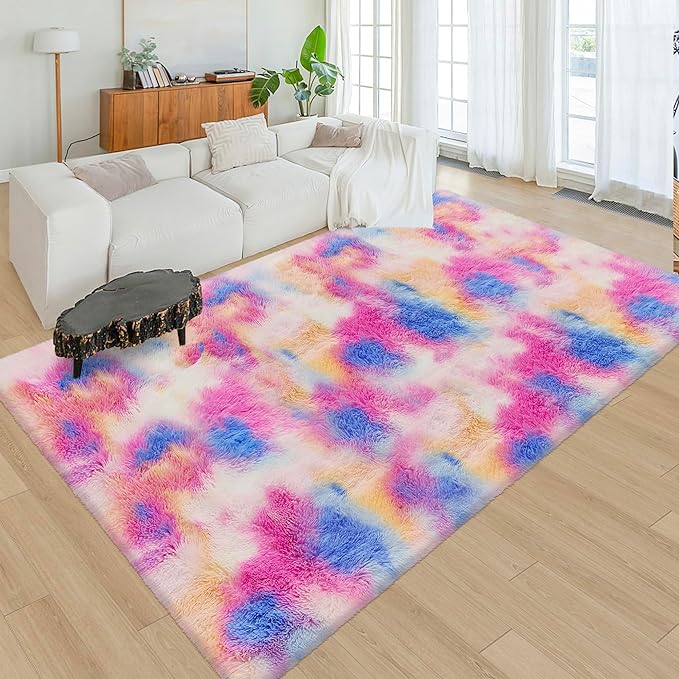 Fluffy Rainbow Colorful Rug for Living Room 5x8 Kawaii Rainbow Tie Dye Area Rug by JiaoBaba