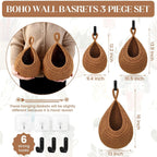 Boho Decor Hanging Fruit Baskets for Kitchen - 3 Pack Wall Hanging Basket with 6 Pcs Strong Hooks, Handwoven Hanging Holder Teardrop Produce Basket for Fruits Vegetable Potato Onion Storage (Linen)