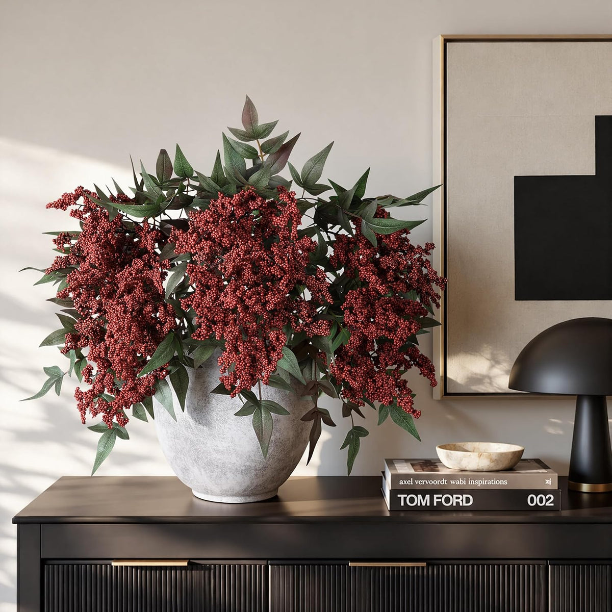 Artificial Flowers 35 Inch Artificial Nandina Berry Stem 3 Pcs Faux Flowers for Vase Realistic Sedum Spray for DIY Bouquet, Shower, Farmhouse, Mantel, Home Decor(Burgundy)