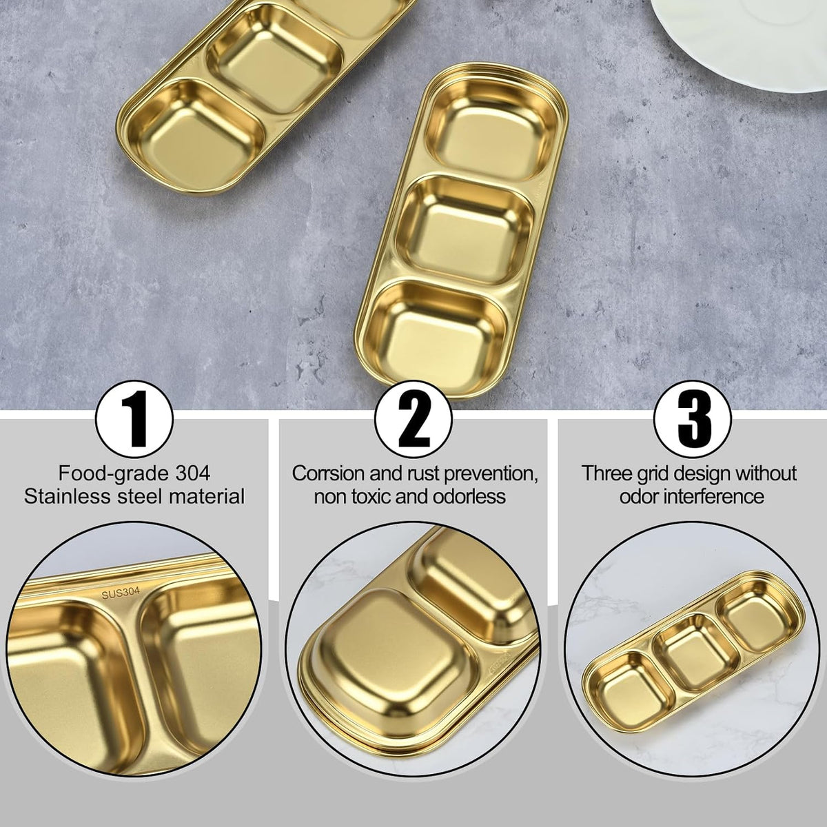 6 Pcs Soy Sauce Dish, Divided Dip Bowls with 3 Compartment, Seasoning Dipping Sauce Plate, Stainless Steel Serving Tray (Golden)