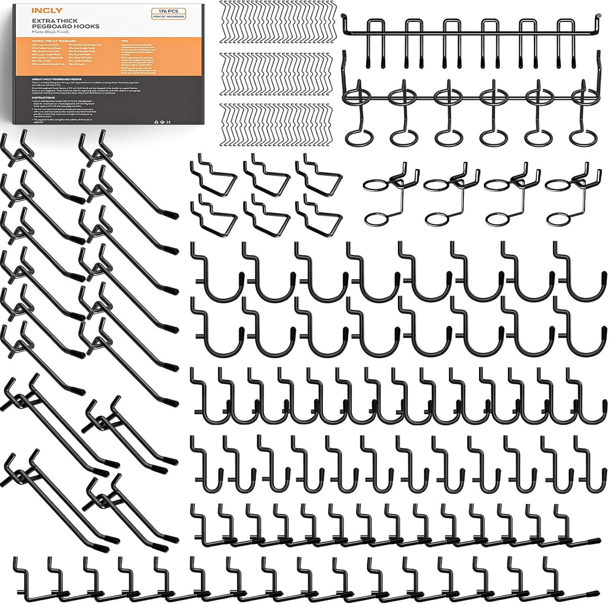 INCLY 176PCS Black Pegboard Hooks with Peg Locks, 1/4" Heavy Duty Metal