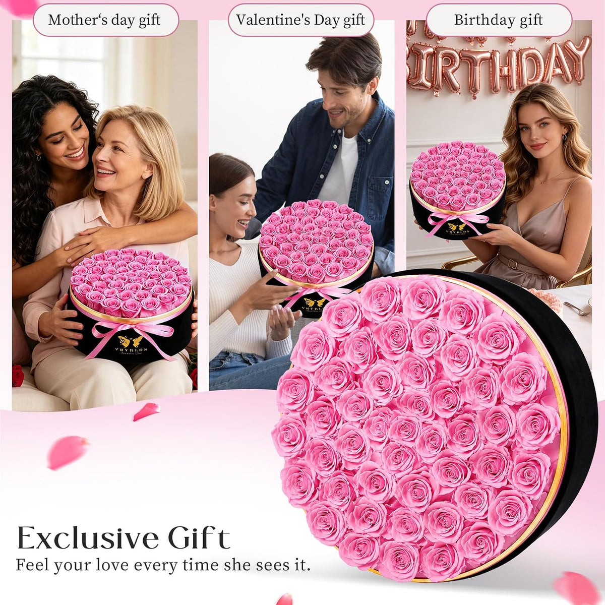 47 Pieces Forever Flower Round Shape in a Box Preserved Pink Roses for Delivery Grade A Quality 100% Real Immortal Flowers Eternal Birthday for Her Mom Women Wife Girlfriends（Pink）
