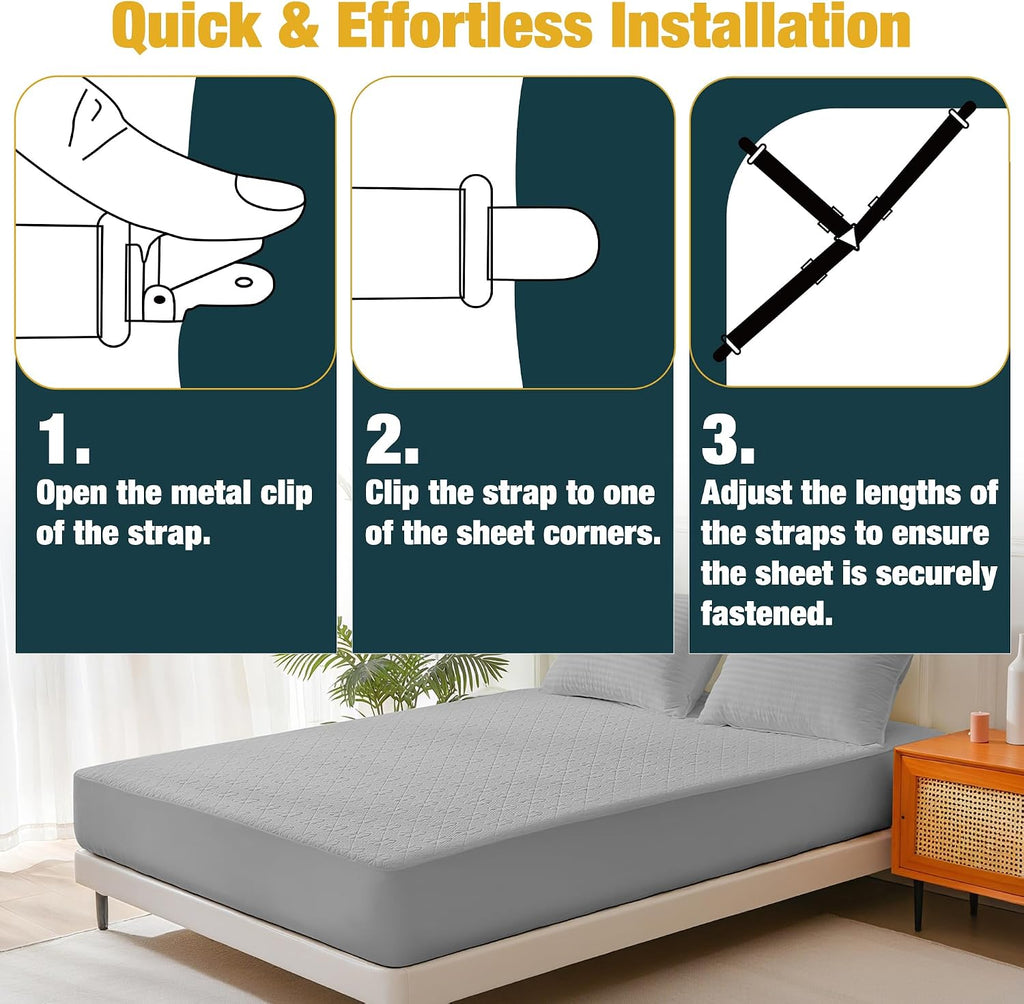 8 Pack Bed Sheet Fasteners, Adjustable Mattress Cover Straps with Metal Clips, Elastic Bed Corner Holders, Non Slip Sheet Clips, Black Color