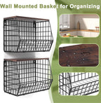 Wawocs Fruit Basket for Kitchen Counter 2 Tier Fruit Bowl, Stackable Wall Mounted Hanging Fruit Basket Wire Baskets with Wood Lid with 4 Banana Hanger Hooks, Onion Basket, Fruit and Vegetable Storage