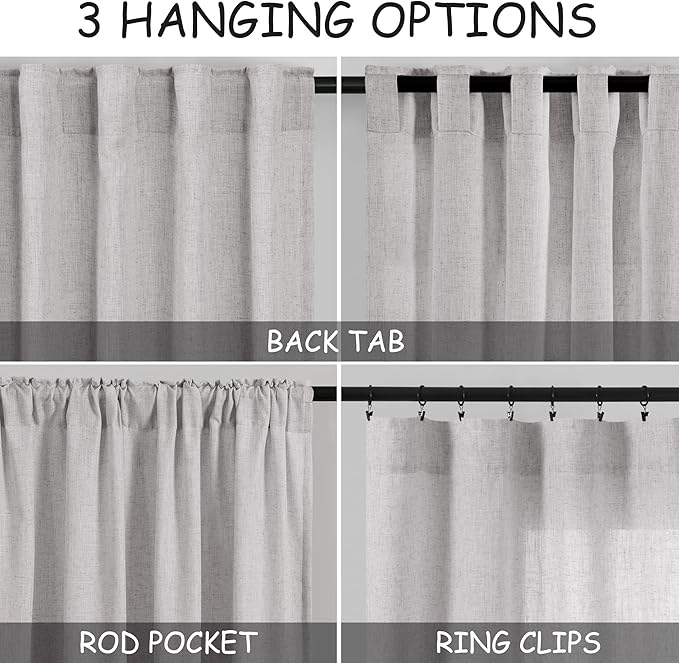 Grey Linen Curtains 102 Inches Long 2 Panels Set - Image 3