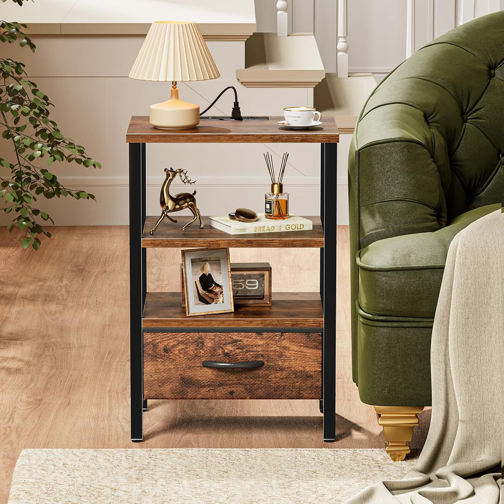 SUPERJARE Nightstand with Charging Station, Bed Side Table with Adjustable Fabric Drawer, Night Stand for Bedroom, 3-Tier Storage End Table, for Living Room, Rustic Brown