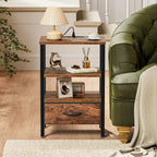 SUPERJARE Nightstand with Charging Station, Bed Side Table with Adjustable Fabric Drawer, Night Stand for Bedroom, 3-Tier Storage End Table, for Living Room, Rustic Brown