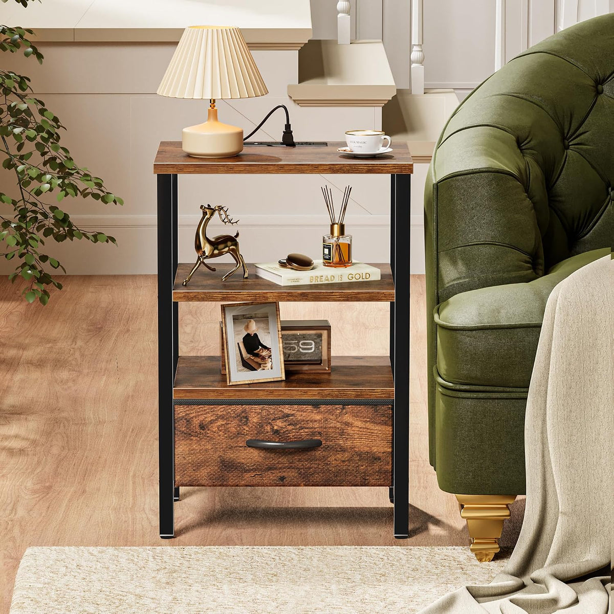 SUPERJARE Nightstand with Charging Station, Bed Side Table with Adjustable Fabric Drawer, Night Stand for Bedroom, 3-Tier Storage End Table, for Living Room, Rustic Brown