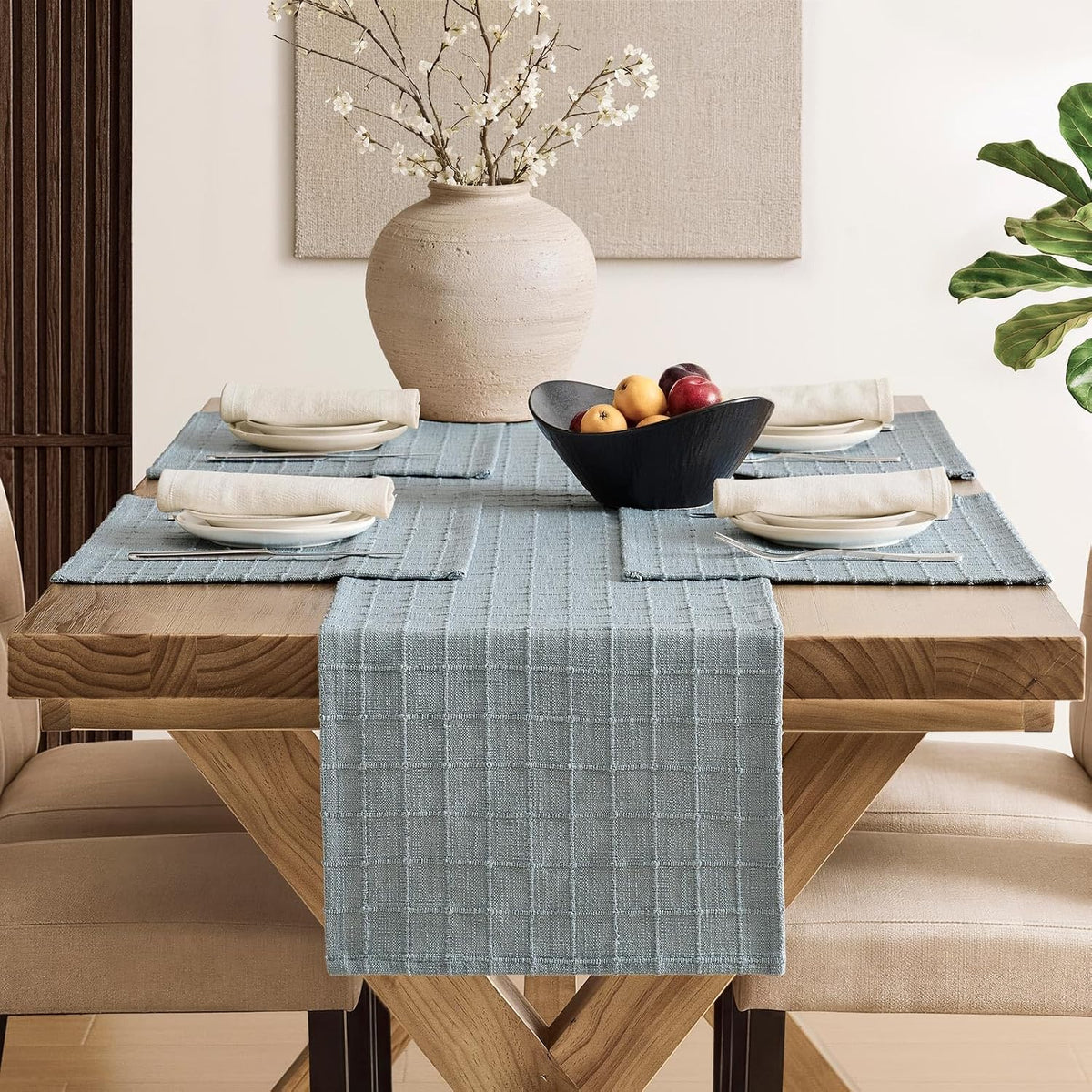 ZeeMart Artisanal Grid Decorative Linen Placemats Set of 6, Chambray