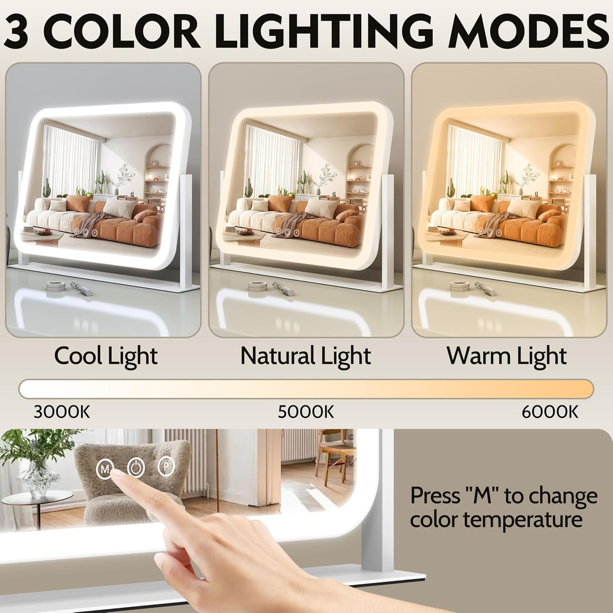 ROLOVE Lighted Makeup Mirror, 17"x13" Vanity Mirror with Lights, 10X Magnification, Gifts for Women, 3 Color Lighting Modes, Smart Touch Control, 360° Rotation for Bedroom or Tabletop (White)