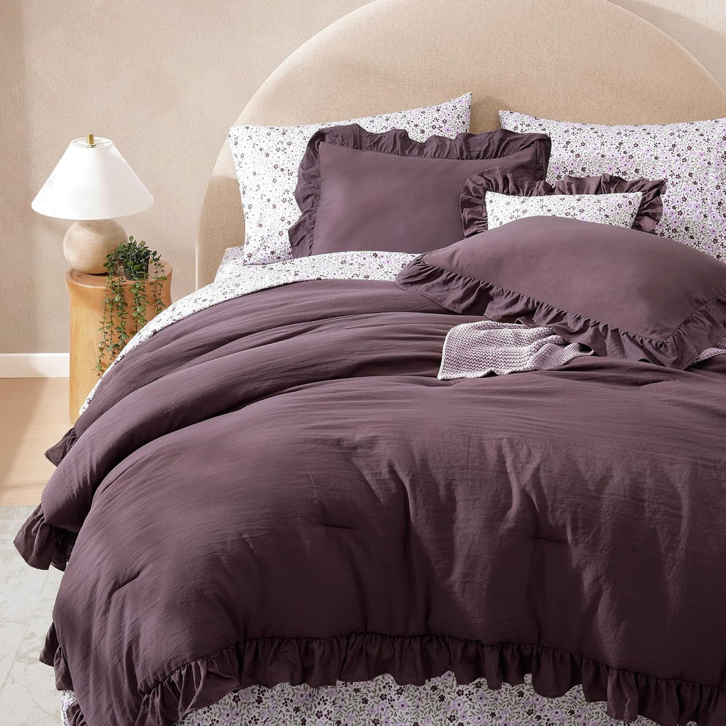 BLOOMHAVEN Queen Comforter Set-7 Pieces Ruffle Bedding with Floral Sheet