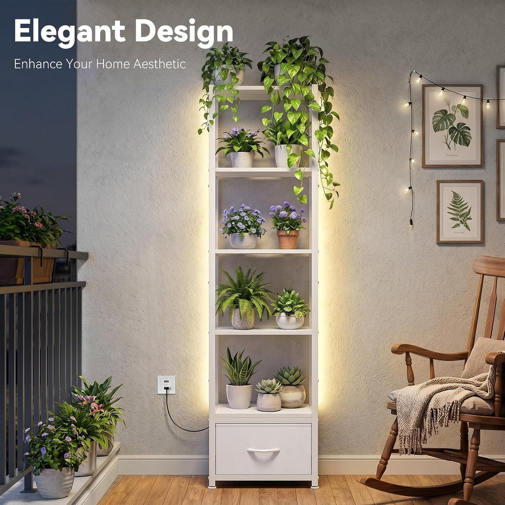Housolution 6 Tier 60.6" Tall Bookshelf with Storage and LED Light, White