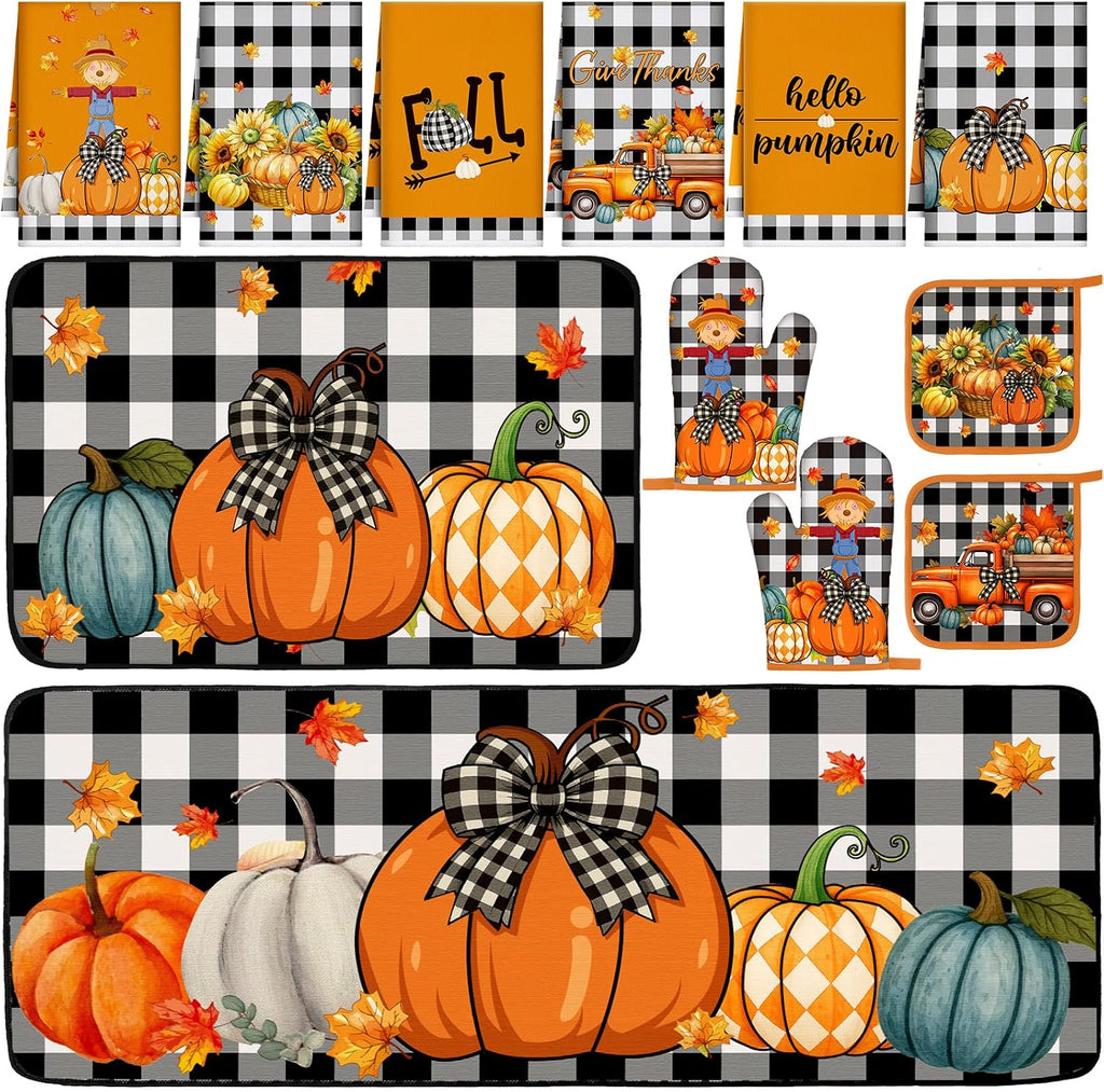 Fourluoo 10 Pcs Fall Kitchen Decor Hello Pumpkin Kitchen Accessories Set
