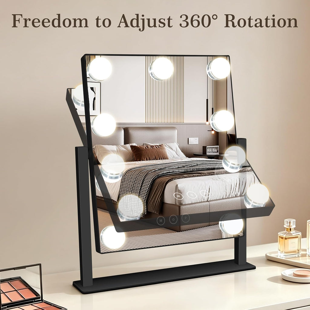 Kotdning Vanity Mirror with Lights,Lighted Vanity Mirror with 9 Dimmable Bulbs for Dressing Room & Bedroom,3 Color Lighting,Modes Detachable 10x Magnification 360°Ratation (Black) 12" L x 14.4" W
