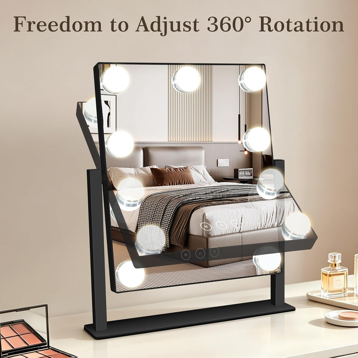 Kotdning Vanity Mirror with Lights,Lighted Vanity Mirror with 9 Dimmable Bulbs for Dressing Room & Bedroom,3 Color Lighting,Modes Detachable 10x Magnification 360°Ratation (Black) 12" L x 14.4" W