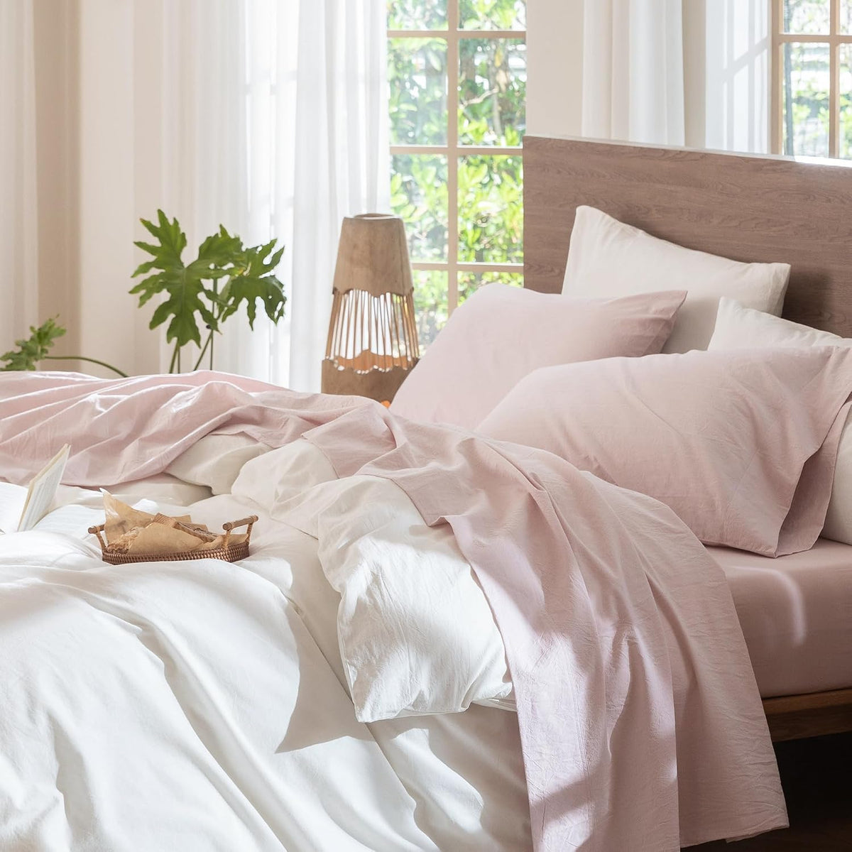 MooMee Sheet Set 100% Washed Cotton Linen-Like Extra Deep Pocket Queen