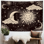 Wonrizon Sun and Moon Tapestry, Aesthetic Black Dark Spiritual Tapestries Mystic Burning Sun with Clouds Star Wall Hanging decor for Bedroom (59.1" x 82.7")
