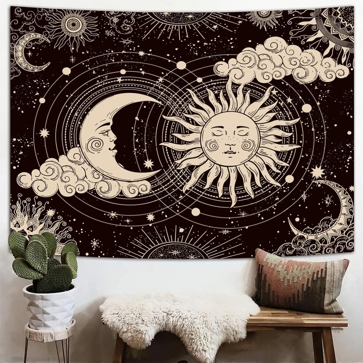 Wonrizon Sun and Moon Tapestry, Aesthetic Black Dark Spiritual Tapestries Mystic Burning Sun with Clouds Star Wall Hanging decor for Bedroom (59.1" x 82.7")