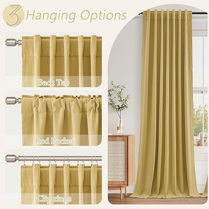 Gold 100% Blackout Linen Curtains 108 Inch Length 2 Panels Set - Image 6