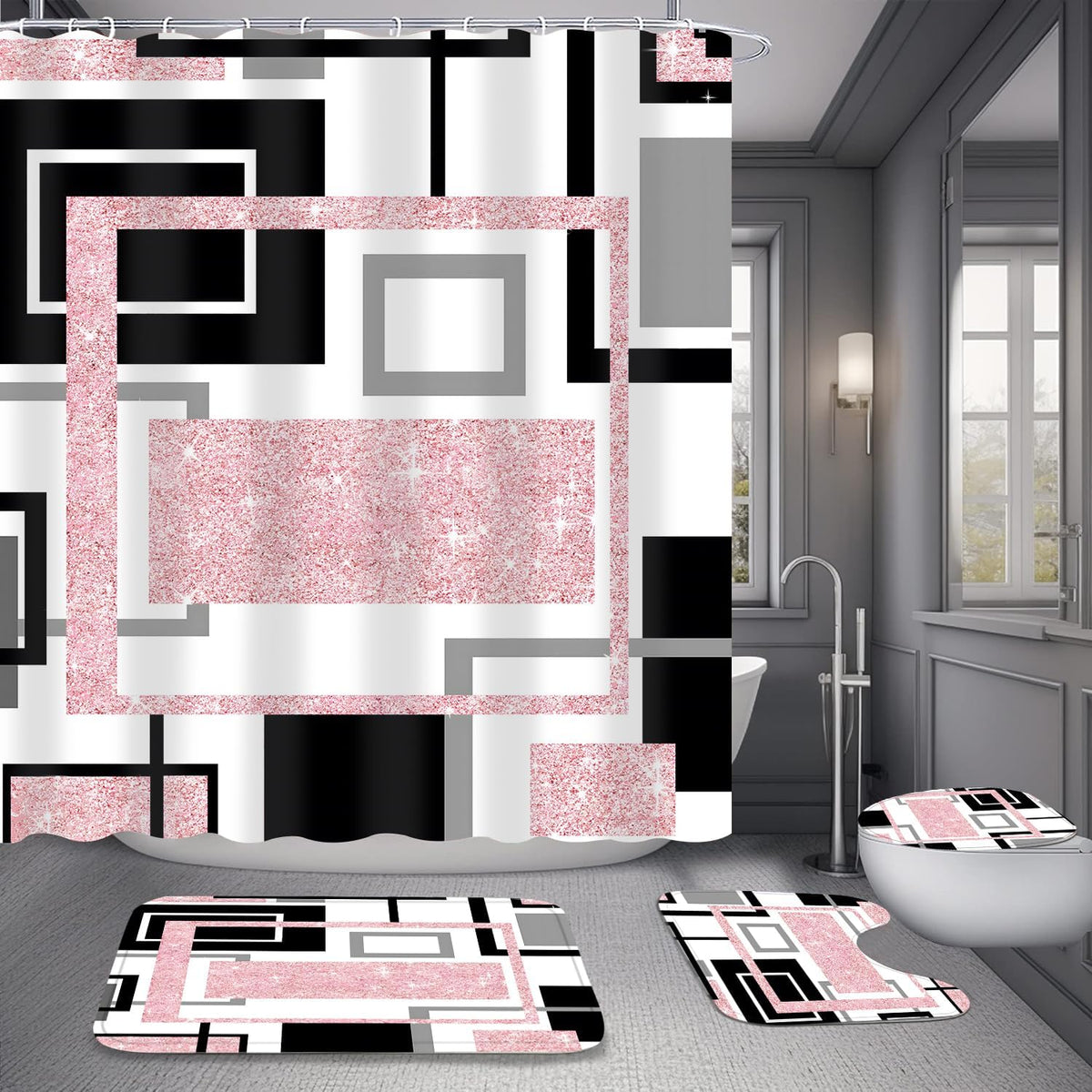 Yddsky 4 Pcs Pink Geometric Shower Curtain Set with Rugs Bathroom Set