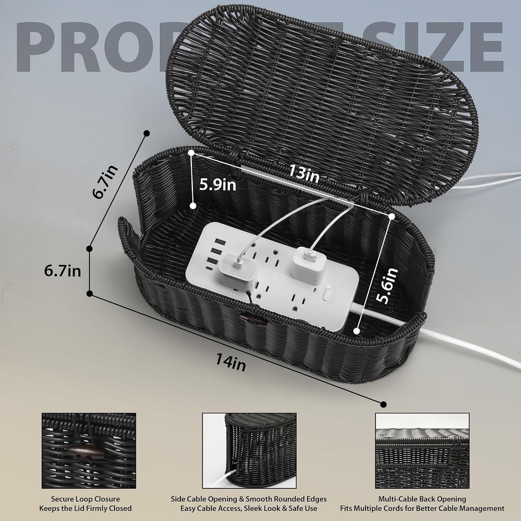 Oval Rattan Style Cable Management Box, Cable Organizer Button Loop Closure