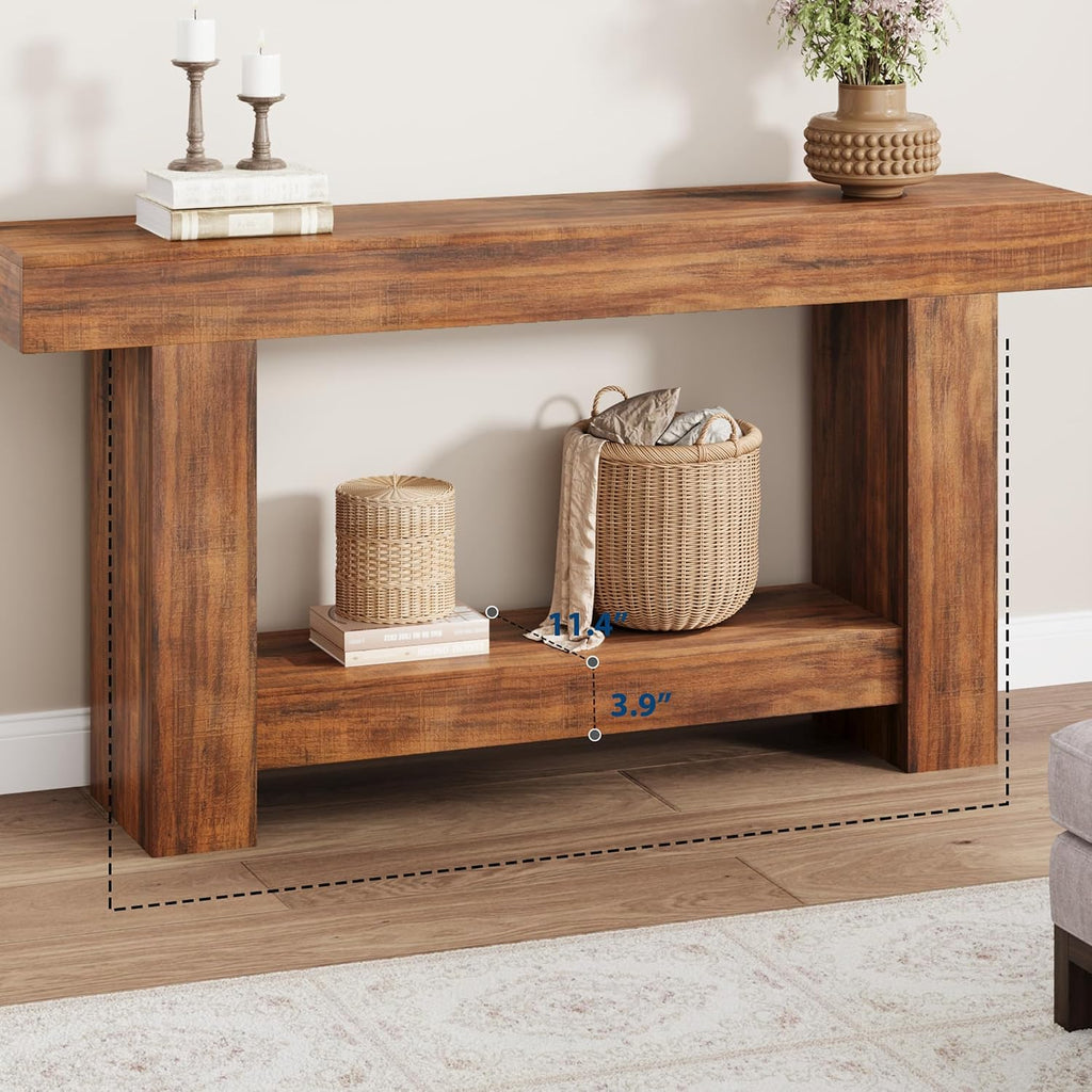 Garvee 63" Farmhouse 2-Tier Console Table for Entryway, Retro Brown