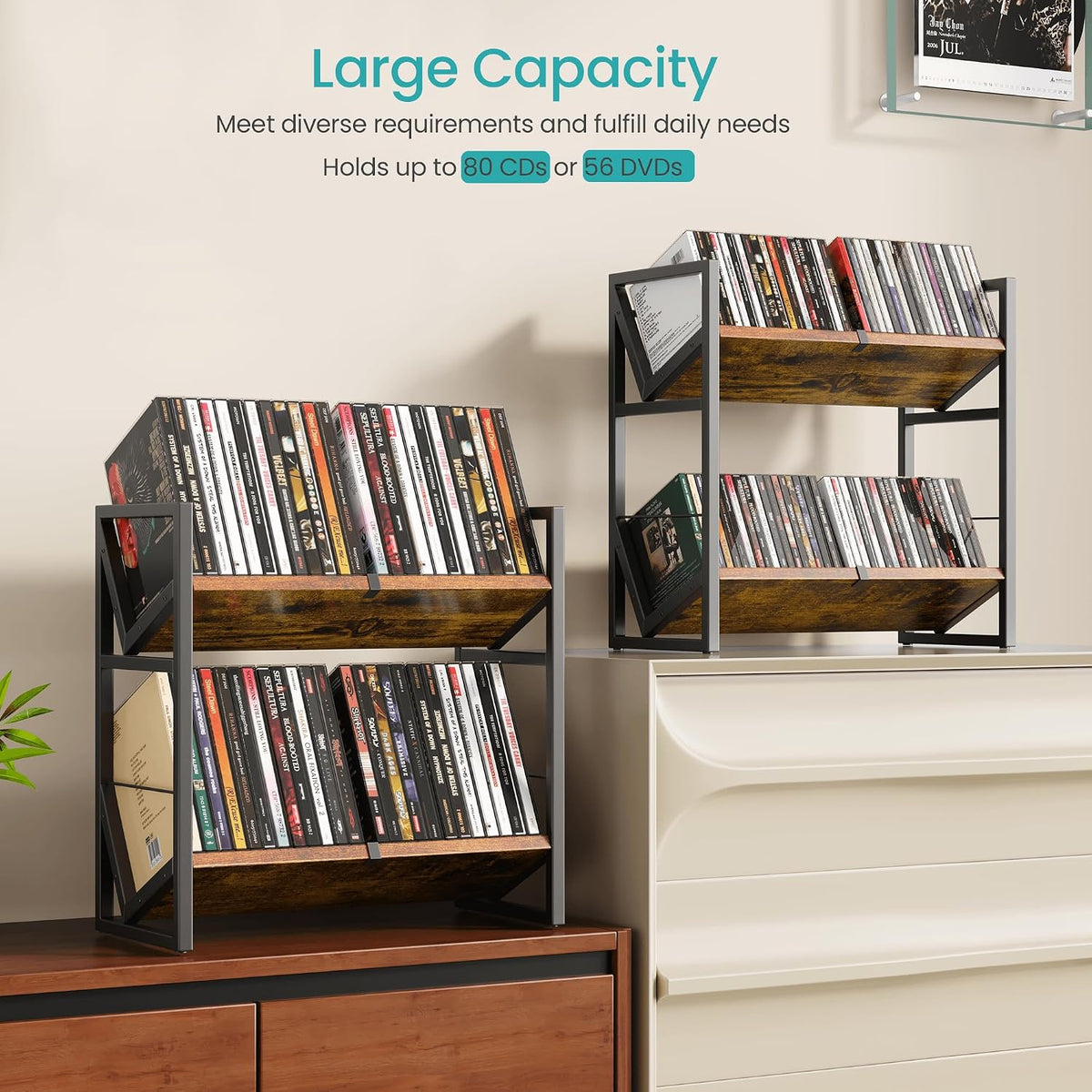 2 Tier CD Storage Rack, Wooden DVD Holder with Adjustable Dividers