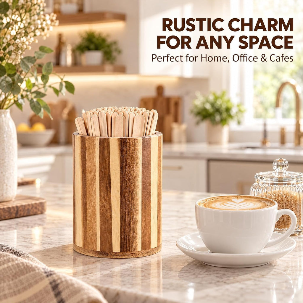 Wood Coffee Stirrers Holder Set with 100 Disposable Stir Sticks